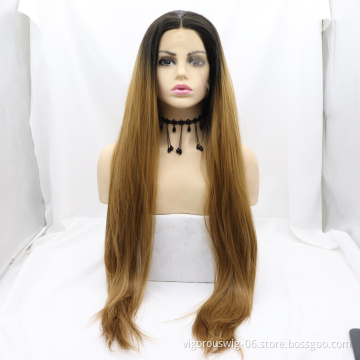 Vigorous Ombre Brown Wholesale Straight Synthetic Heat Resistant Wigs Stock Lace Front Synthetic Wigs